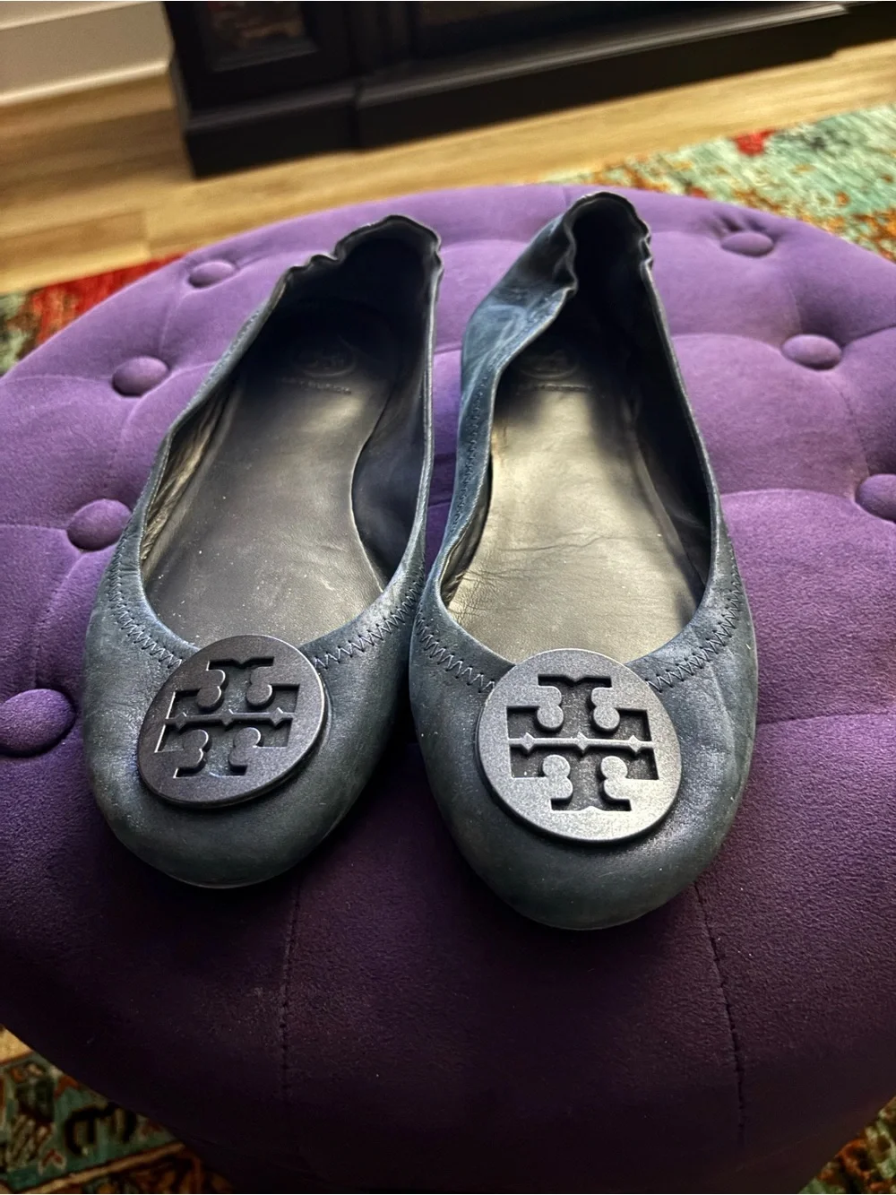 Tory Burch Navy Metallic Suede Logo Round-Toe Ballet Flats
